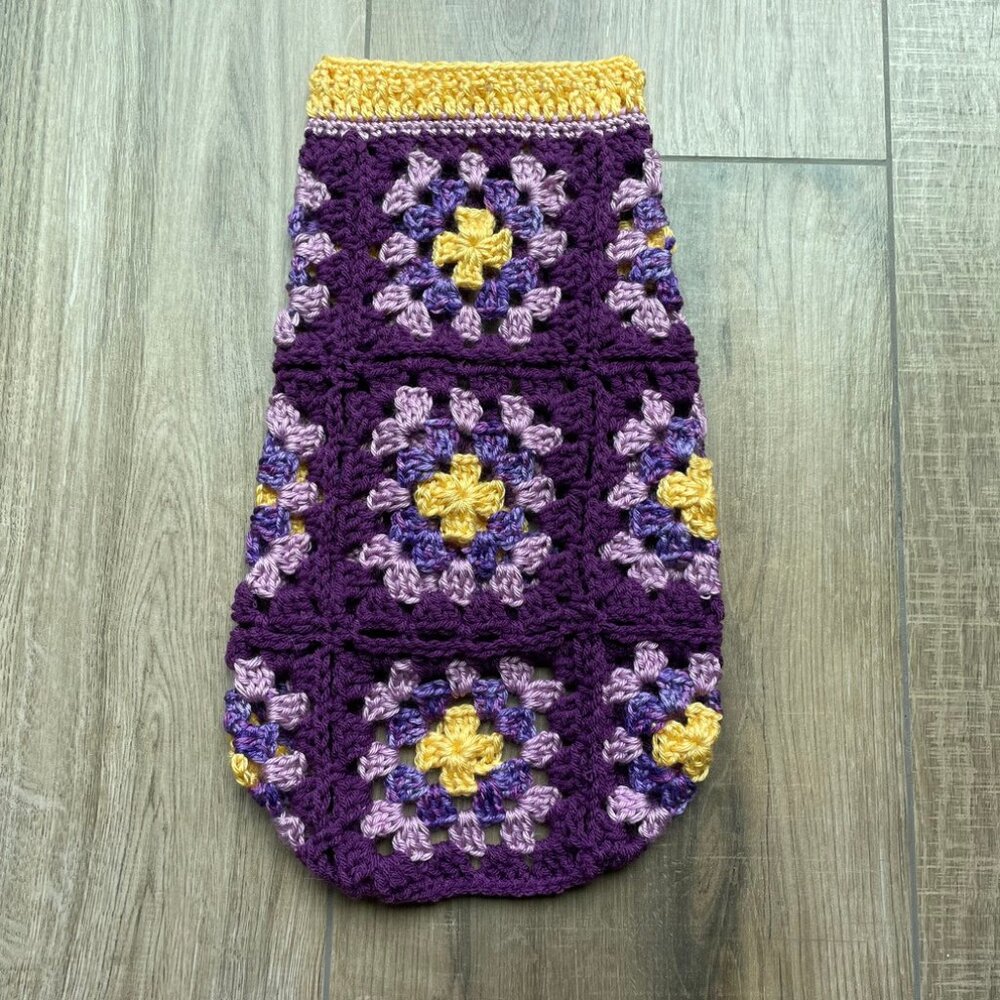 Dog Sweater Purple Handmade Crochet Granny Square Colorful Medium Corgi Cavi